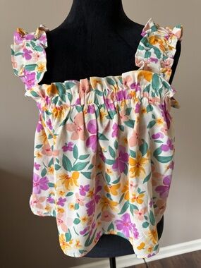mine Colorful Summery Floral Ruffle Tank Blouse Large